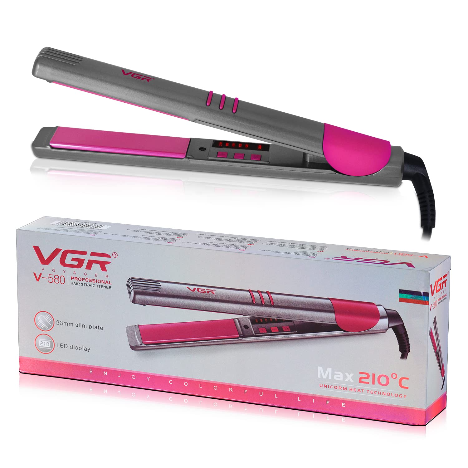VGR V-580 Professional Ceramic Coated Hair Straightener - 210°F Max Heat with Uniform Heat Technology for Smooth & Shiny Hair (Grey, Pink) - Perfect for Home Use, Salons & Travel