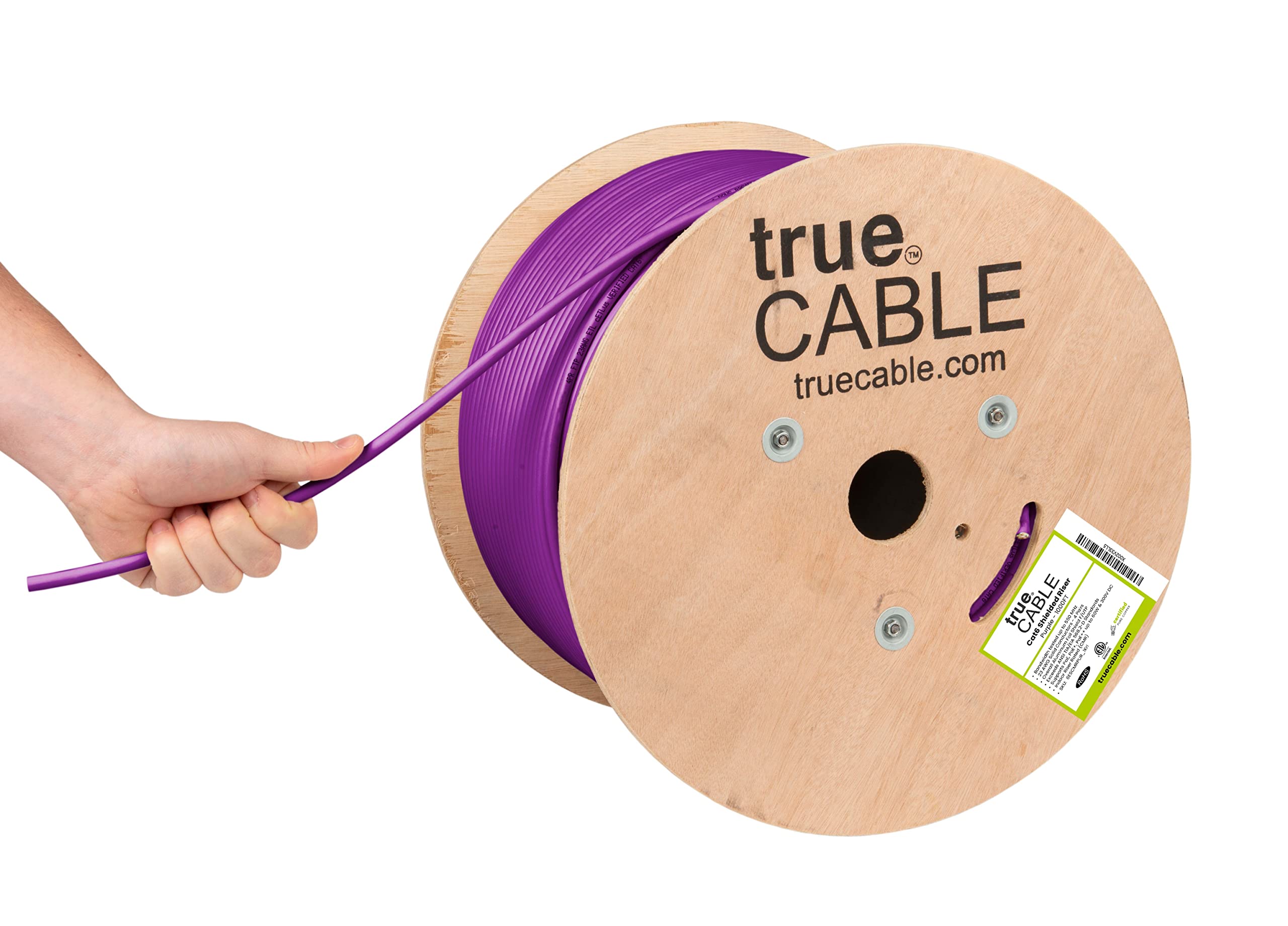 trueCABLE Cat6 Shielded Riser (CMR) Ethernet Cable - 1000ft Purple, 23AWG Solid Bare Copper, 550MHz, PoE++ (4PPoE) - ETL Listed, F/UTP Aluminum Foil Shield - Ideal for Office Networking, Data Centers & High-Speed Internet Installations