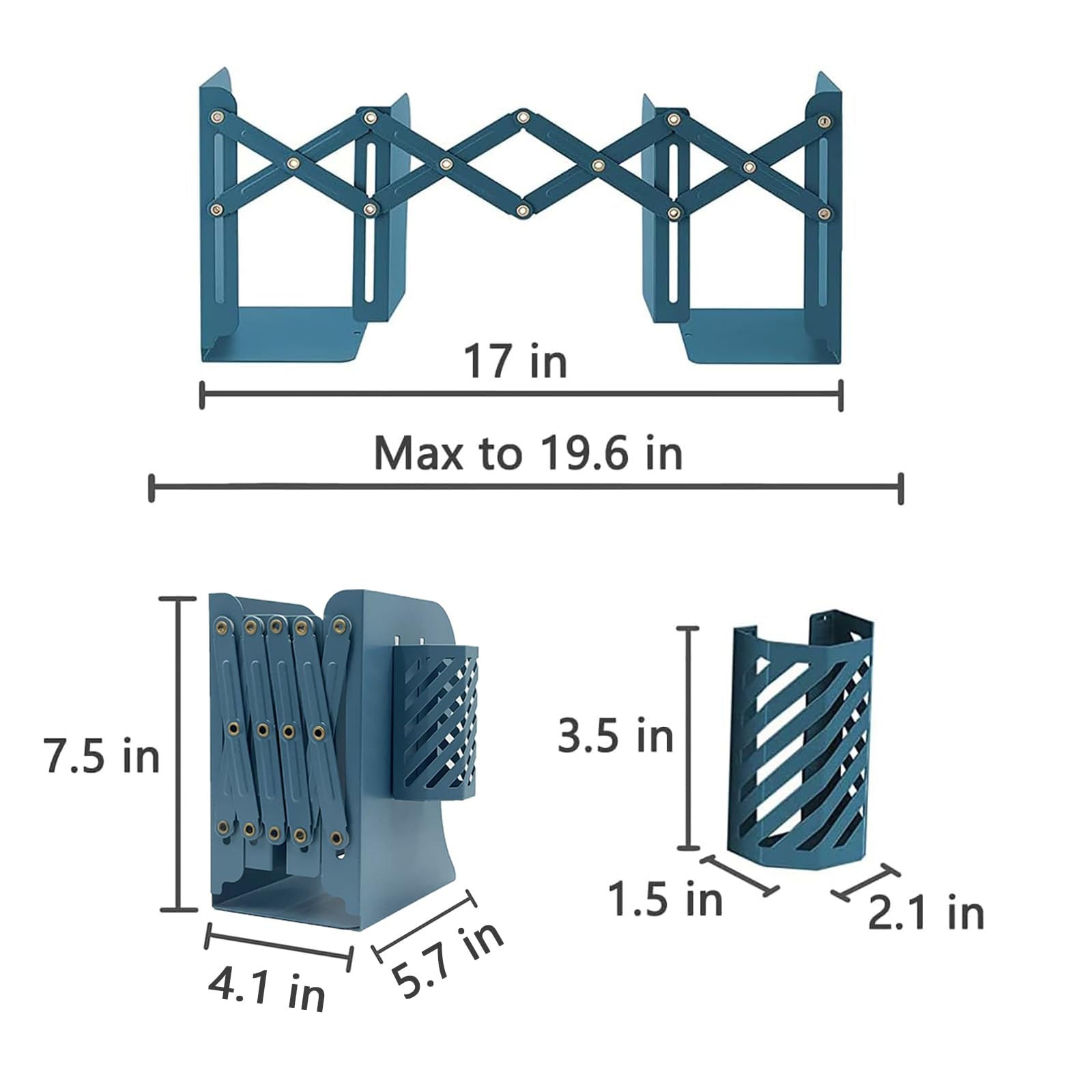 Kingsmile Metal Bookends for Shelves - Heavy Duty Book Stoppers for Kids Room, Home, Office, Classroom & Library - Includes Removable Pen Holder (Blue) | Perfect for Organizing Textbooks, Novels & Office Documents