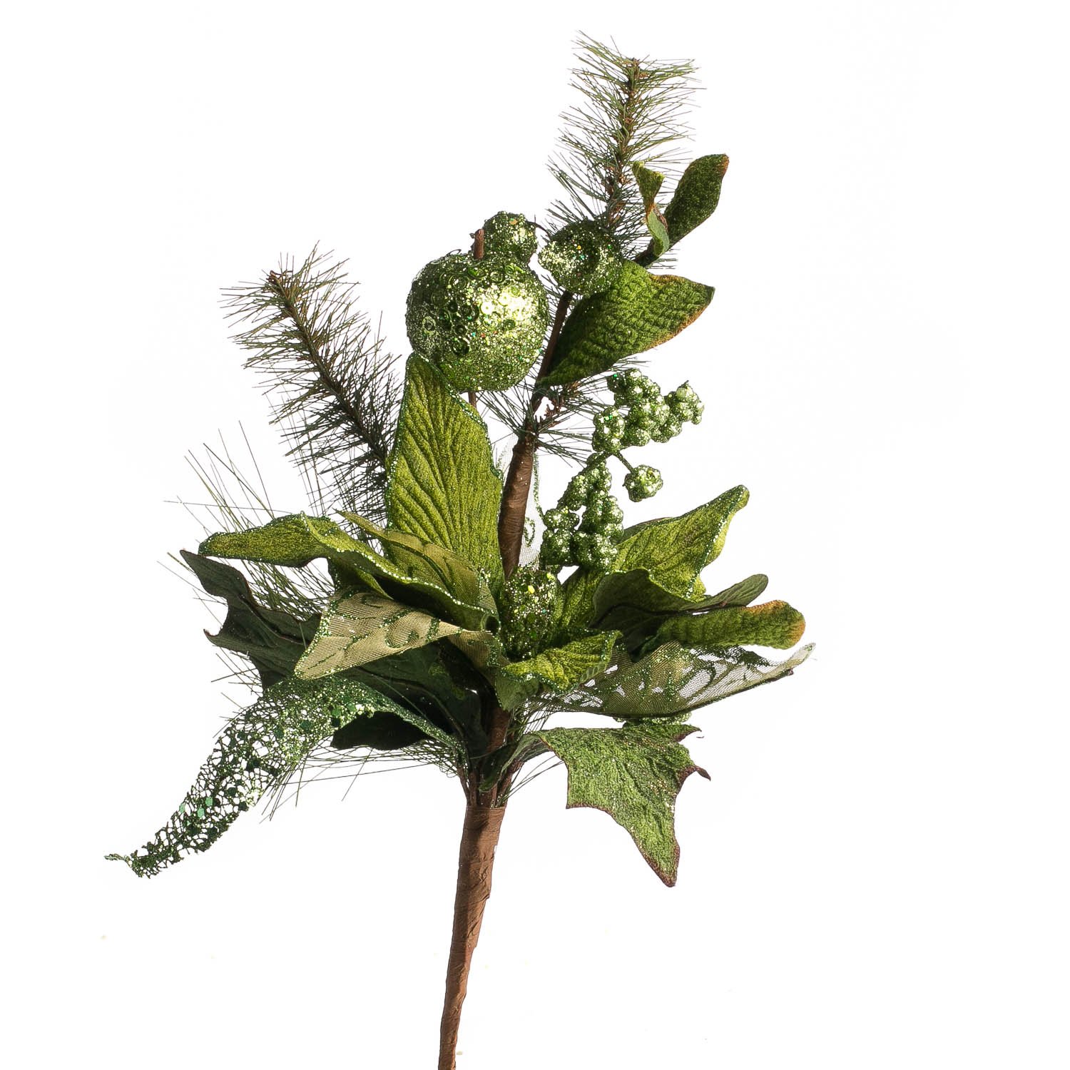 Wholesale Green Sparkling Velvet Artificial Poinsettia with Fruit Picks - Christmas Holiday Decorations, Wedding Centerpieces & Home Decorative Arrangements