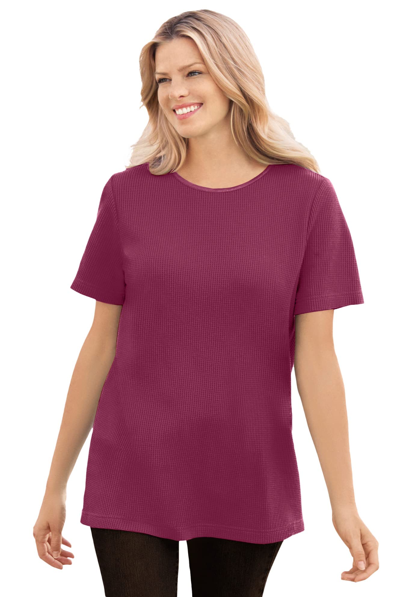 Woman Within Women's Plus Size Thermal Waffle Short-Sleeve Satin-Trim Tee Shirt - Comfortable Casual Top for Winter Layering & Everyday Wear