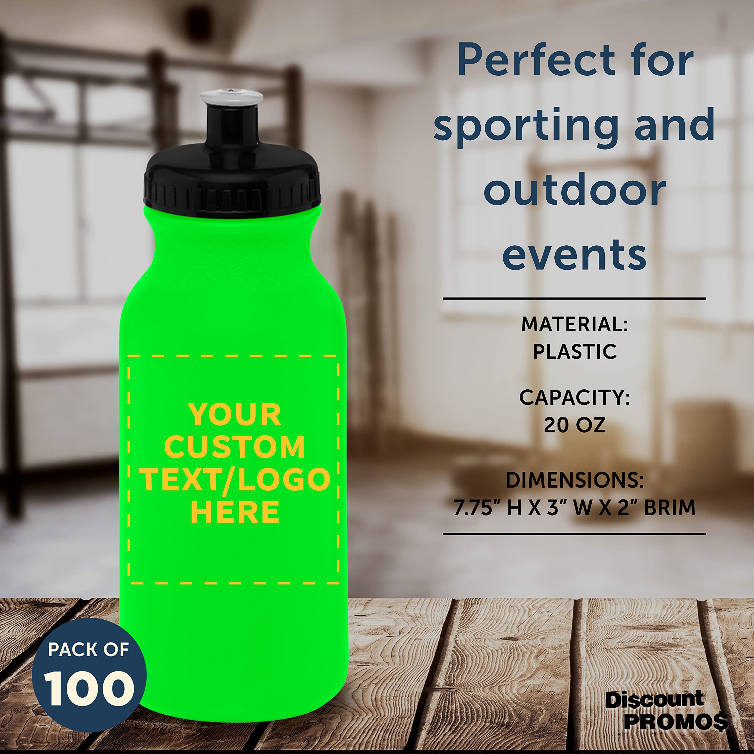 Custom 20 oz. Water Bottles with Push Cap - Bulk Pack of 100 Personalized Neon Green Sport Bottles - Ideal for Gym, Hiking, Camping & Outdoor Activities - Durable Leak-Proof Design for Workouts, Travel & Adventure