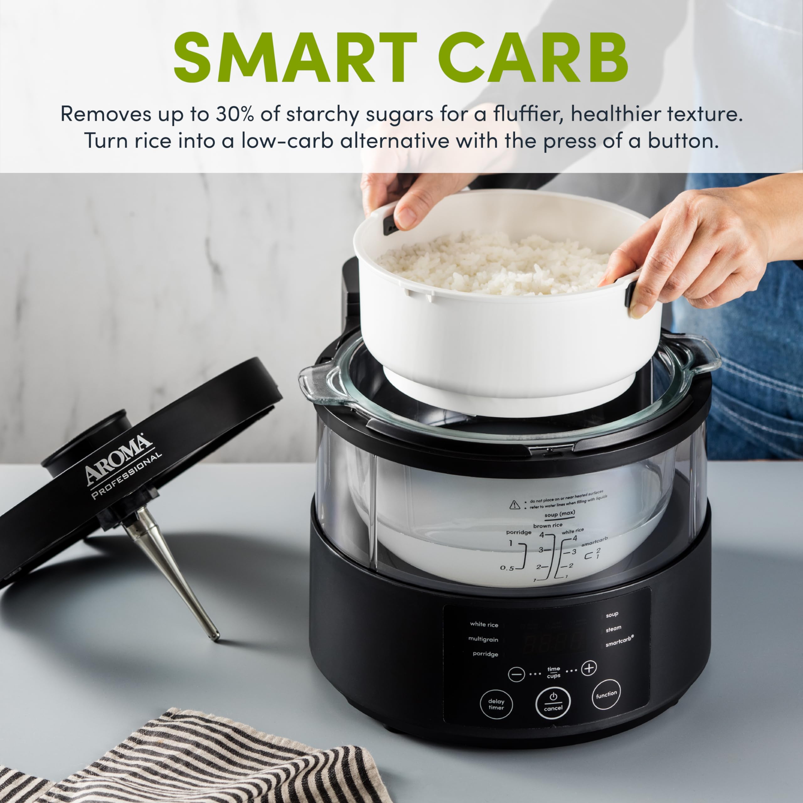 Aroma Housewares AMC-800 8-Cup SmartCarb Multicooker with Glass Inner Pot - Low Carb Rice Cooker, Food Steamer & Flavor-Lock Technology for Healthy Cooking - Perfect for Keto, Paleo & Gluten-Free Diets (Black) - Ideal for Meal Prep, Family Dinners & Healthy Lifestyle