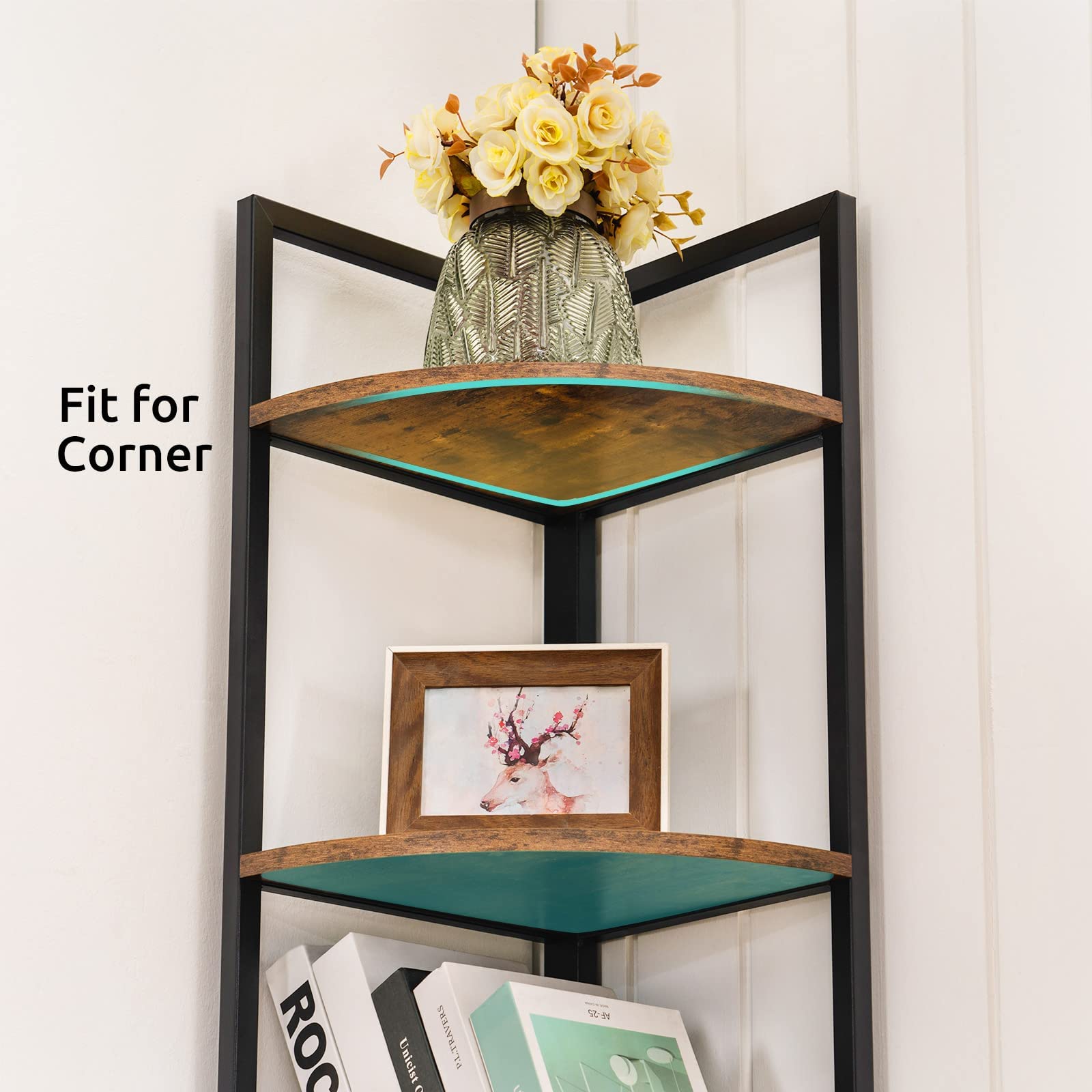 Apicizon 5-Tier Corner Shelf - Industrial Metal Frame Bookcase, Rustic Brown Storage Rack for Books, Plants & Decor | Perfect for Small Spaces, Home Office, Kitchen & Living Room Display