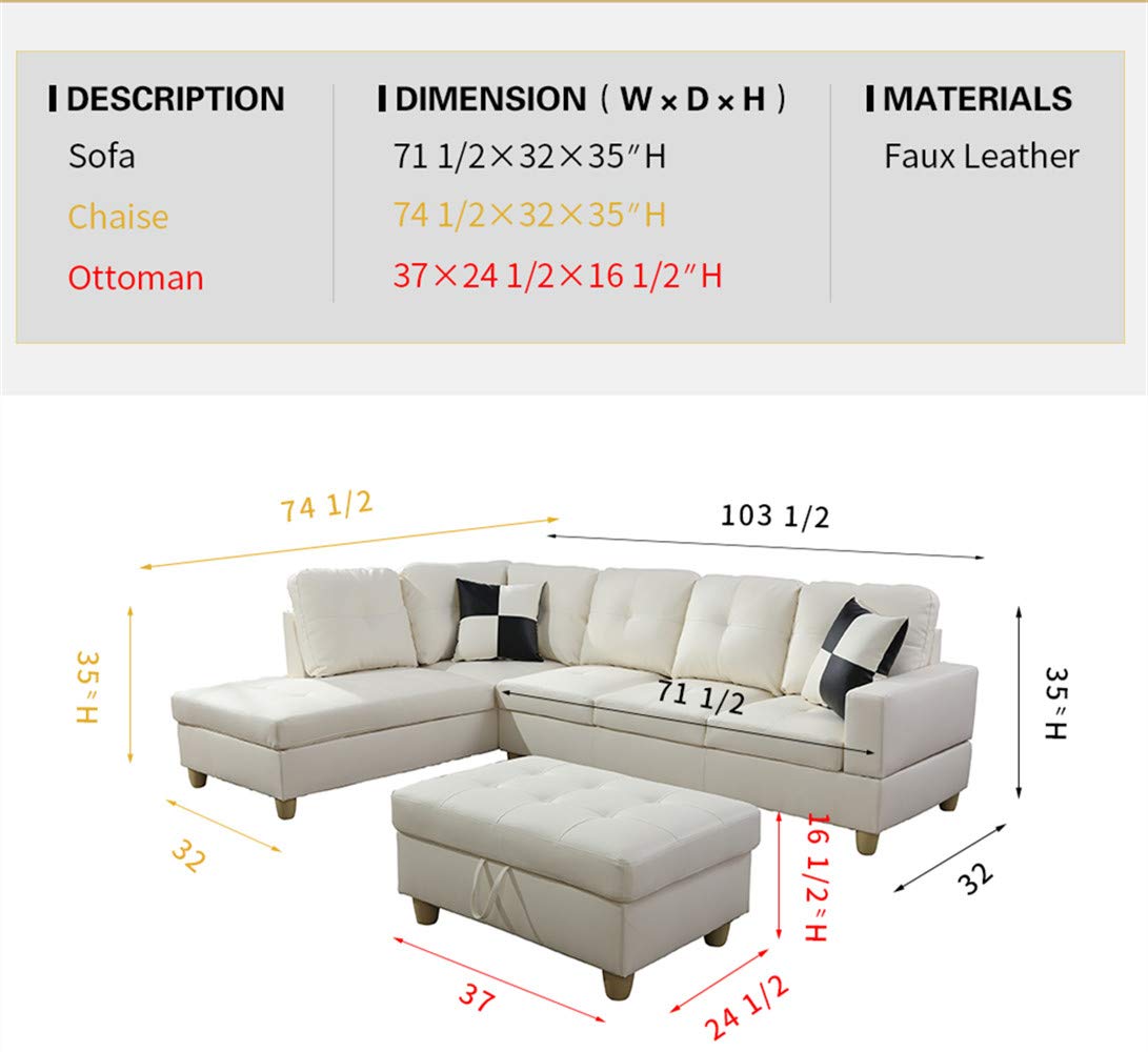 Ainehome 3-Piece L-Shaped Sectional Sofa Set with Storage Ottoman & Matching Pillows - Cream White, Left-Hand Facing - Modern Living Room Furniture for Small Spaces, Apartments & Home Theater Seating
