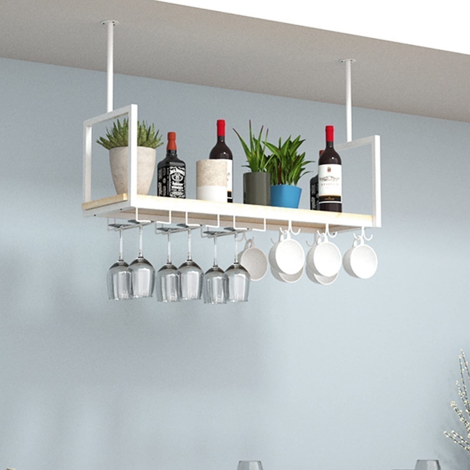 European Style Ceiling Wine Glass Holder & Hanging Plant Stand - Multi-Functional Wall Mounted Storage Rack for Kitchen, Living Room, Bar or Cafe Decor - Perfect for Upside Down Glass Display and Space-Saving Home Organization