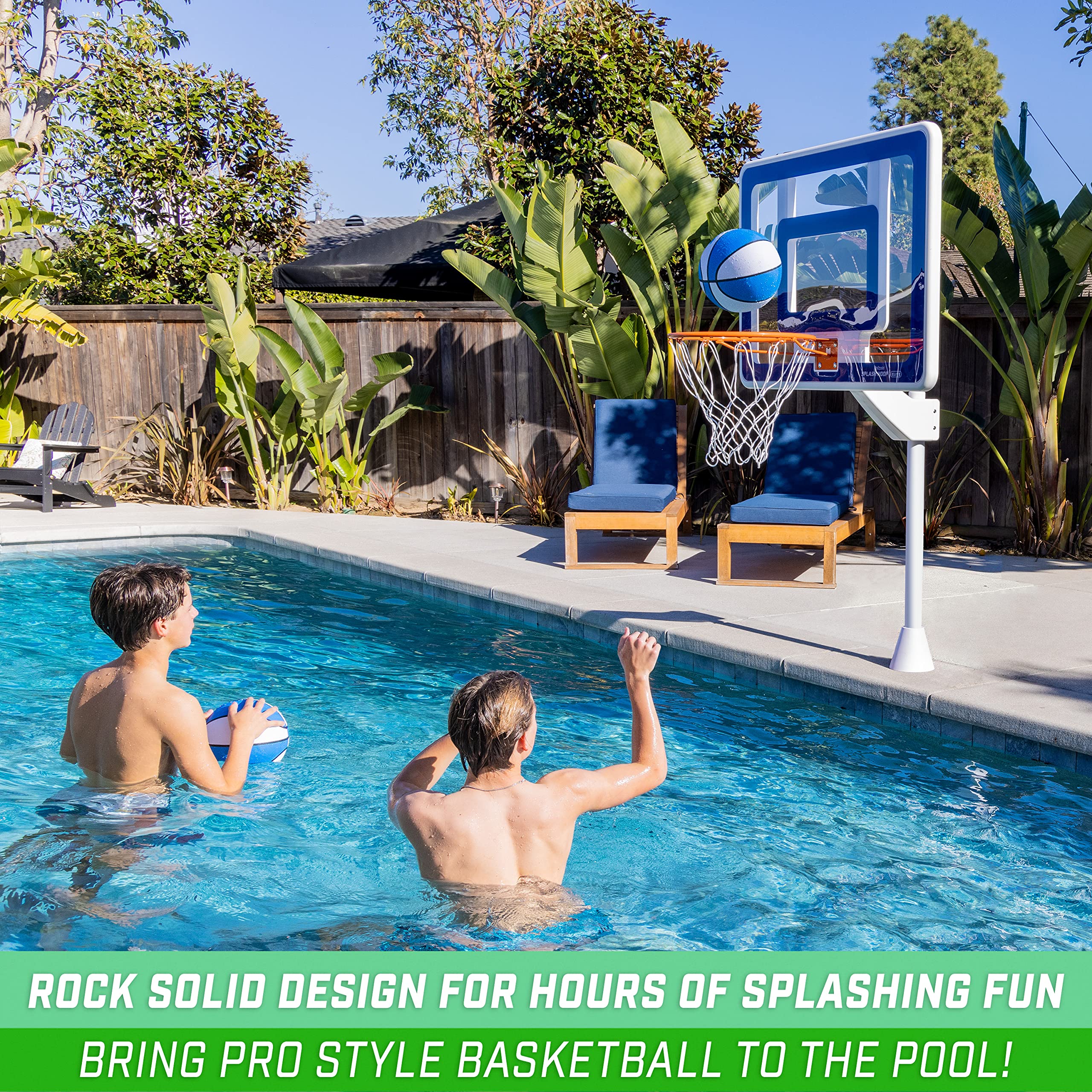 GoSports Elite Inground Pool Basketball Game - Deck-Mounted Splash Hoop with Regulation Rim, Includes 2 Basketballs & Pump - Perfect for Backyard Pool Parties & Summer Fun