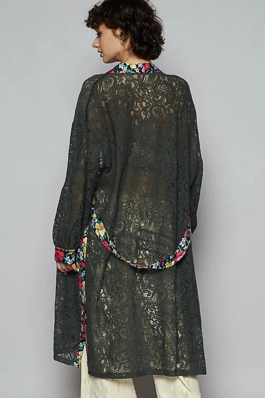 Boho Beachy Floral Trim Lace Open Front Longline Cardigan for Women - Lightweight Summer Cover Up, Beach Wedding, Vacation Outfit, Casual Loungewear