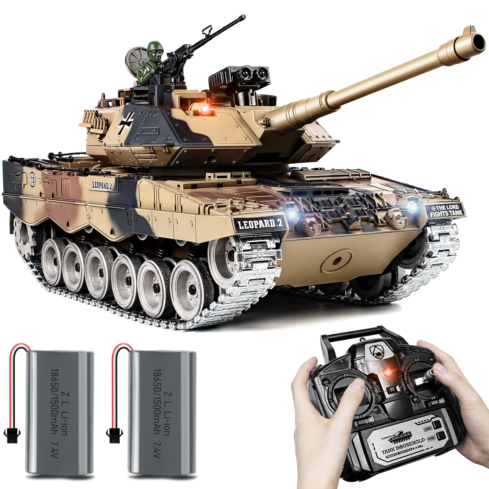 1:18 Scale German Leopard II RC Tank - 2.4Ghz Remote Control Military Vehicle with BBS Shooting, Water Bombs, Smoke, Sound Effects & LED Lights - Realistic Recoil Action Toy for Adults & Kids | Battle Simulation, Outdoor Play & Collection Display