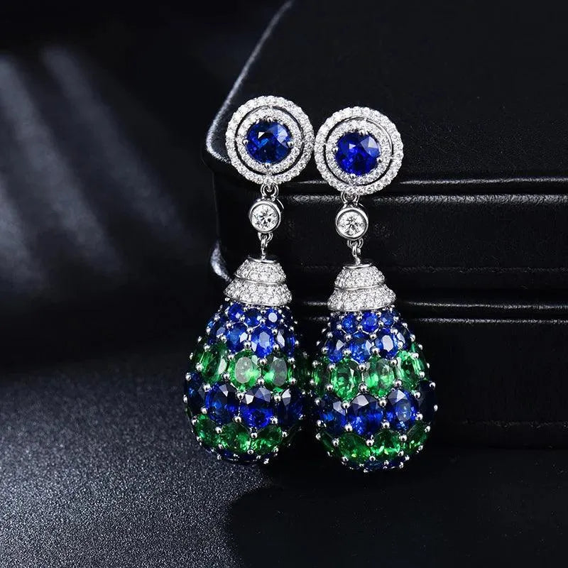 LOVERJEWELRY 18K White Gold Blue Sapphire & Tsavorite Diamond Drop Earrings for Women | Luxury Wedding & Party Jewelry | Elegant Evening Wear & Special Occasion Gift