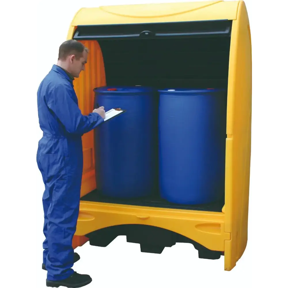 Durable Covered Drum Storage System - Weatherproof & Secure Outdoor Storage for Chemicals, Water, and Waste - Perfect for Industrial, Farm, and Garage Use