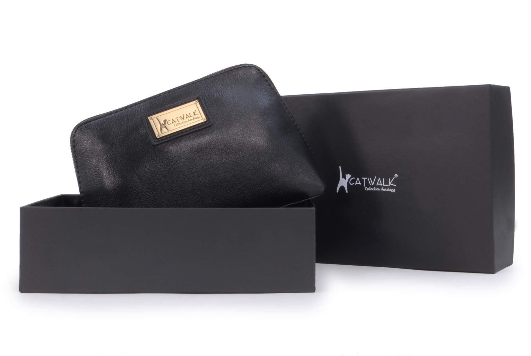 Catwalk Collection Women's Leather Cosmetic Bag - Medium Travel Makeup Pouch with Mirror - Black Emma Makeup Case for Purse, Gym & Travel Essentials