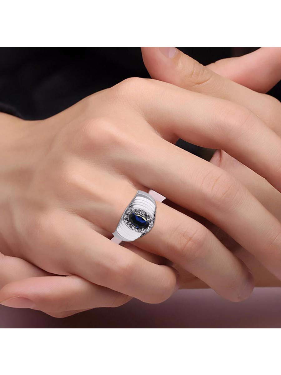 Rylos Men's Sterling Silver Diamond Halo Ring - 7x5mm Oval Genuine Diamond & Birthstone Ring for Men (Sizes 8-13) - Perfect for Weddings, Anniversaries & Special Occasions
