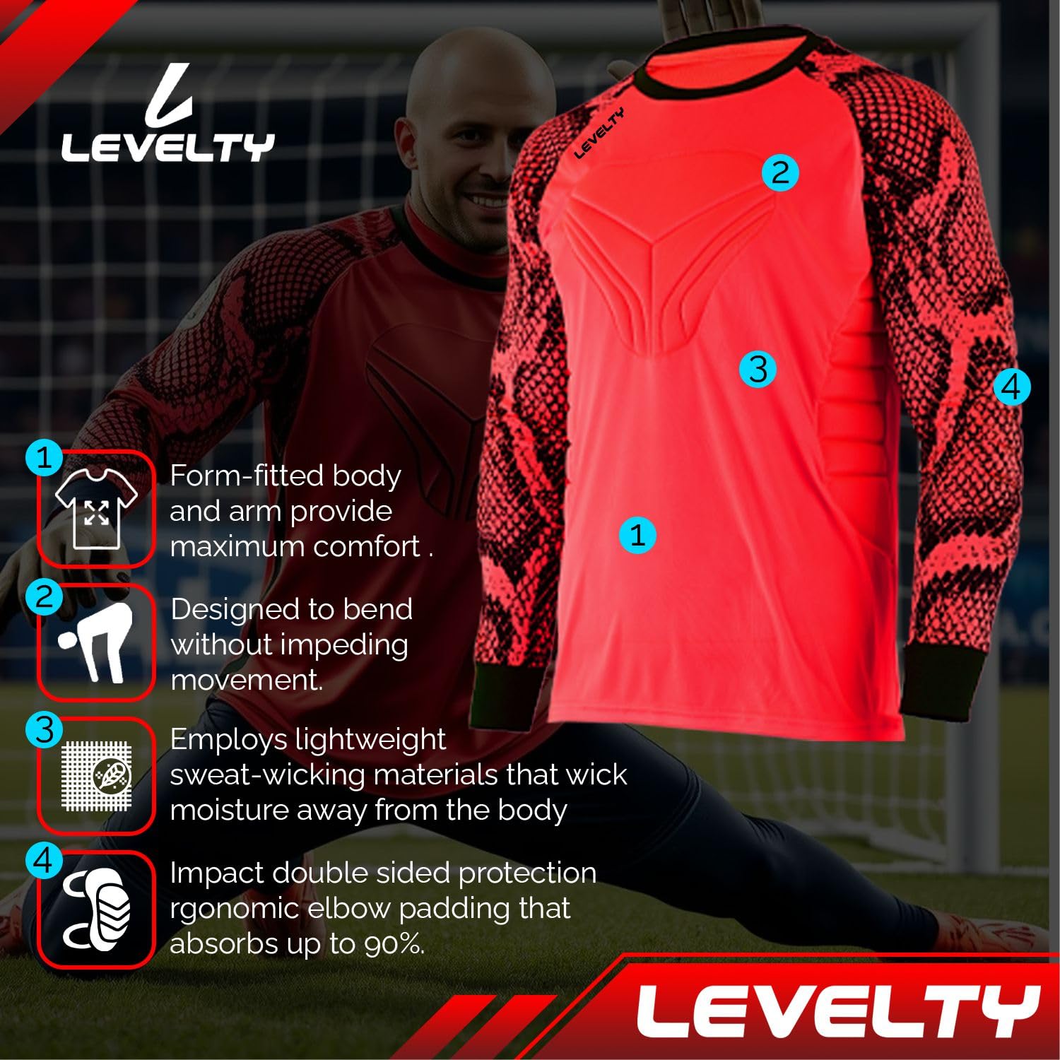 Breathable Multi-Padded Goalkeeper Jersey for Adults & Kids - Long Sleeve Goalie Soccer Shirt for Men & Youth - Perfect for Training, Matches & Outdoor Football Games