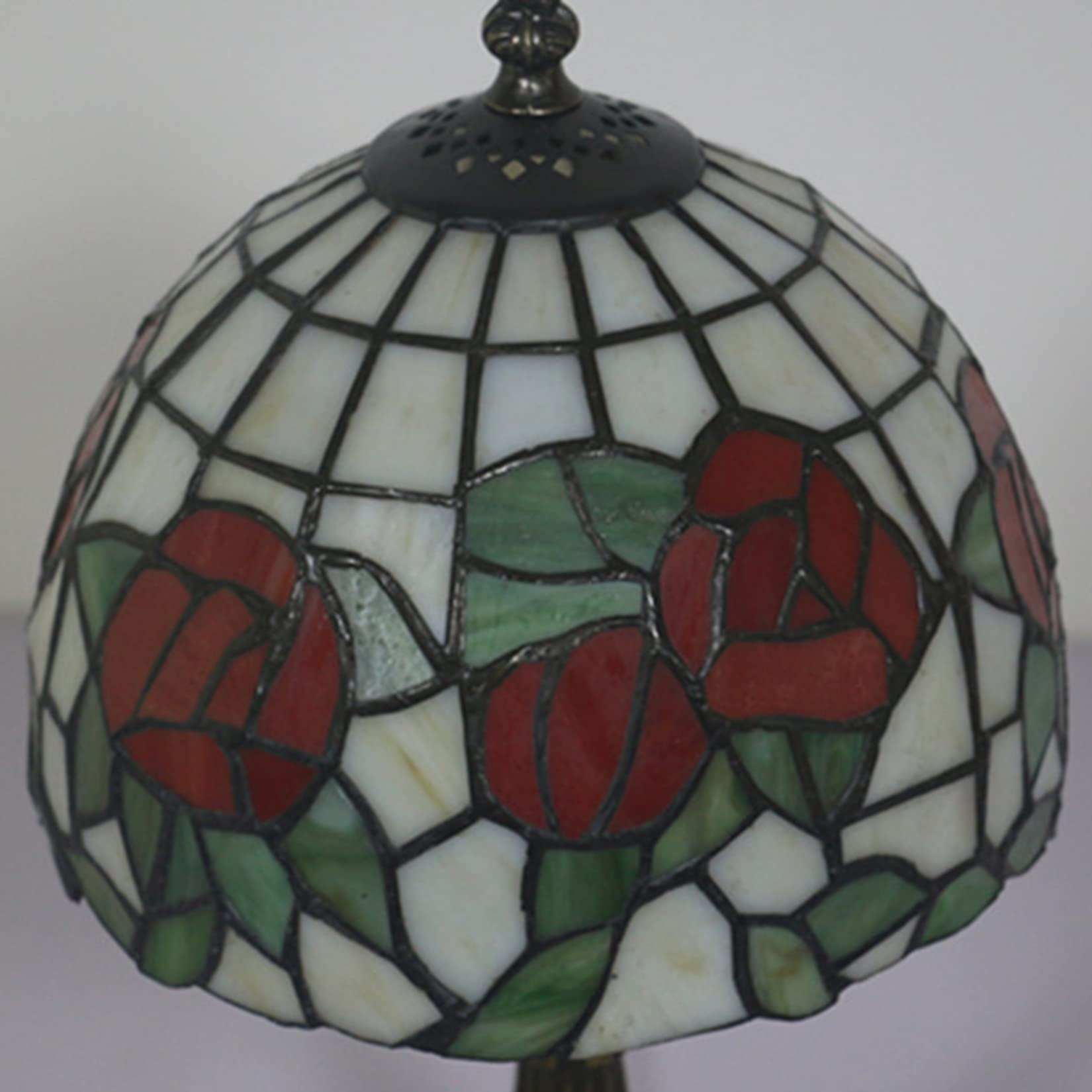 Mini Red Rose Green Leaves Tiffany Style 8 Inch Stained Glass Table Lamp - Elegant Desk & Reading Light for Living Room, Bedroom, Bedside, Wedding Decor | Perfect for Romantic Ambiance, Home Office & Gift Giving