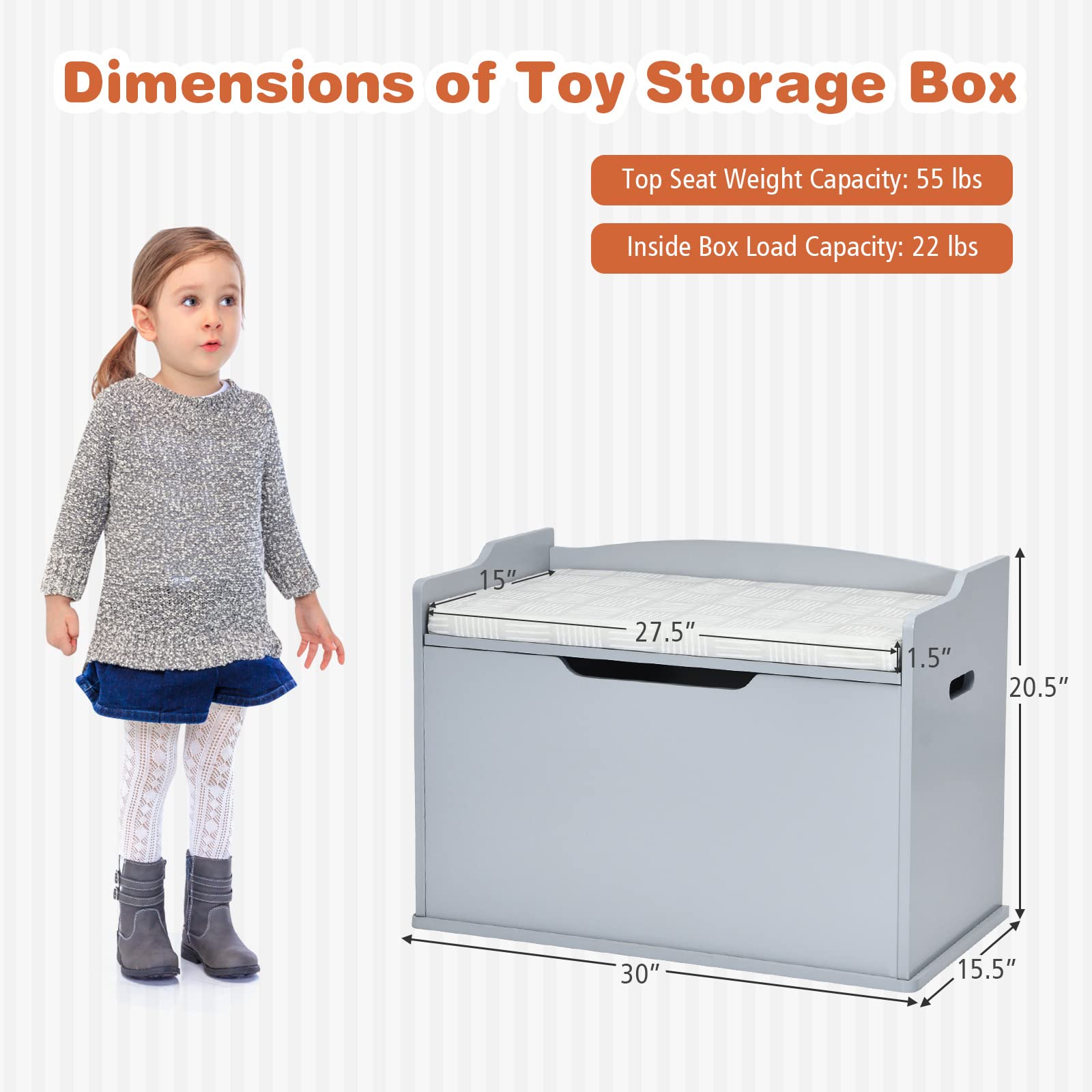 Costzon Kids Wooden Toy Chest with Bench Seat - Large Toy Storage Box with Finger-Pinch Prevention & Lift-Top Foot Rest - Perfect for Toddler Bedroom, Playroom, or Entryway Organization (Grey)