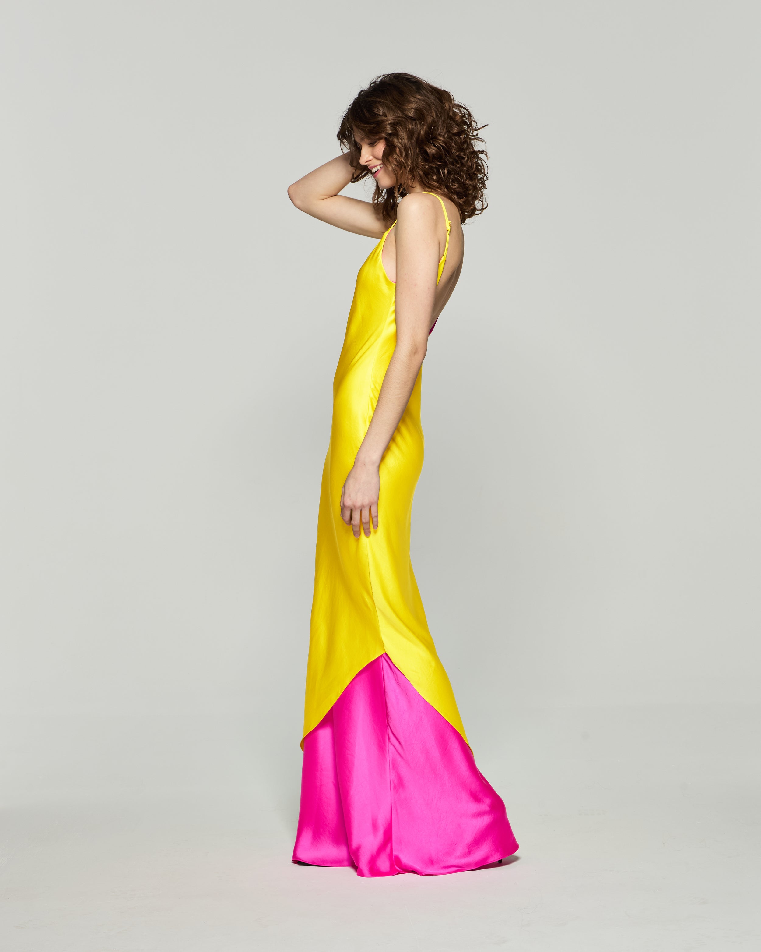 Double Layer Slip Dress for Women - Bright Yellow & Pink Flowy Nightgown - Perfect for Sleepwear, Loungewear, and Summer Dresses