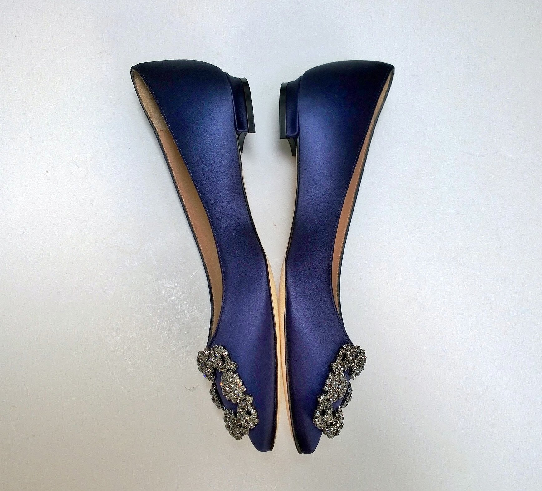 Manolo Blahnik Hangisi Flats Navy Blue Satin Rhinestone Buckle Women's Shoes - New in Box | Perfect for Weddings, Parties & Special Occasions