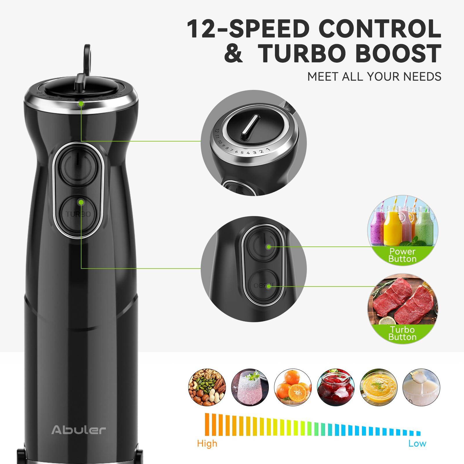**Abuler 1000W Immersion Hand Blender, 5-in-1 Stick Blender with 12 Speeds - BPA-Free, Scratch-Resistant, Includes Beaker, Chopper, Whisk & Frother - Perfect for Soups, Sauces, Smoothies & Baby Food (Black)**