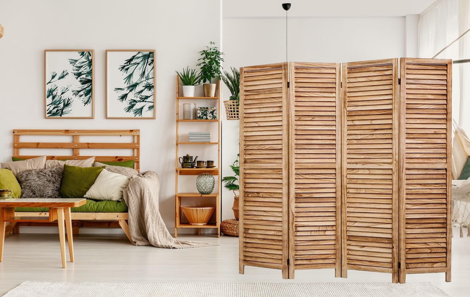 Legacy Decor 4 Panel Wooden Room Divider - Full Length Louver Shutters in Natural Finish | Perfect for Home Office, Bedroom Partition & Privacy Screen