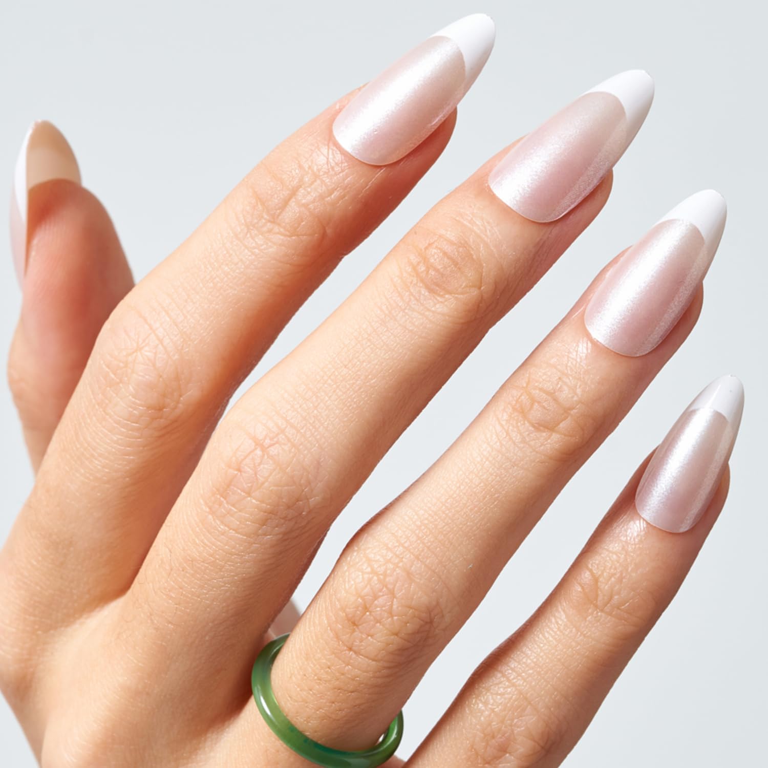Glamermaid Nude Pink Press on Nails - Medium Almond Shape with Pearl French Tip Design, Reusable Acrylic Fake Nails for Women (Short Oval, Stiletto Style) - Perfect for Weddings, Parties, Date Nights & Everyday Glam