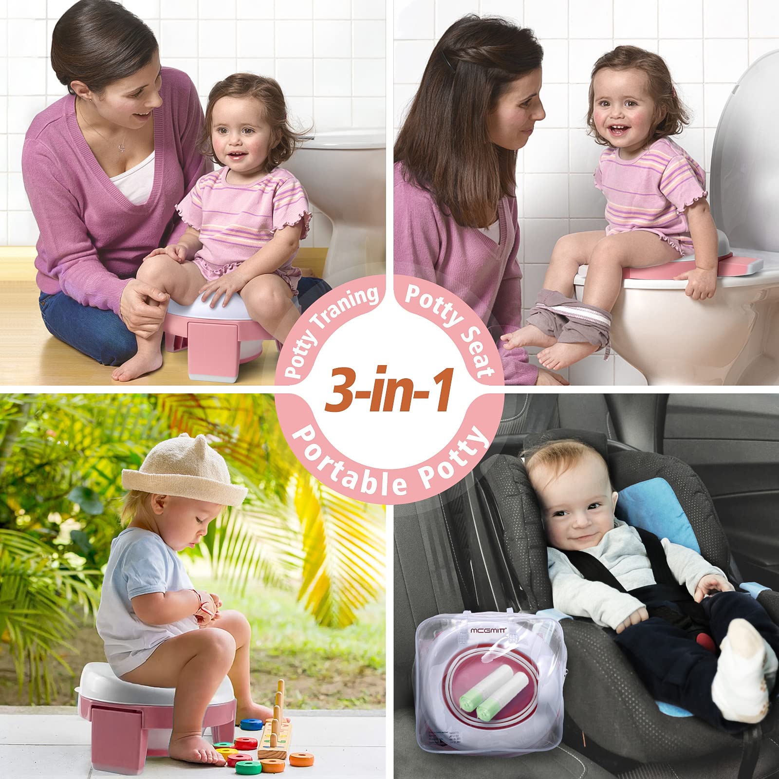 MCGMITT Foldable Portable Potty Seat for Toddlers - Kids Travel Training Toilet Chair with Storage Bag for Girls & Boys, Easy to Clean for Indoor & Outdoor Use - Perfect for Camping, Road Trips & Home (Pink)