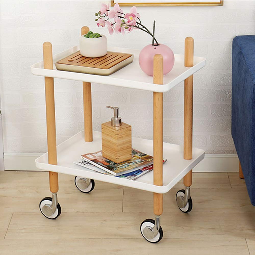 Nordic Style White Small Coffee Table with Casters - Mobile Side Table with Double Layer Open Storage for Living Room, Bedroom, Office - Multifunctional Snack Table & Sofa End Table for Home Decor