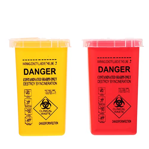 Minkissy 2Pcs Mini Salon Sharps Container with Lid - Red & Yellow Small Desktop Biohazard Waste Disposal Box (15.5X10X10CM) - Perfect for Tattoo Shops, Clinics & Home Needle Disposal