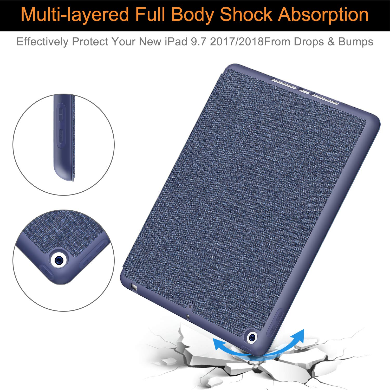 Shockproof iPad 6th/5th Generation Case with Pencil Holder - Full Body Protection Cover for Apple iPad 9.7 inch 2018/2017, Navy Blue | Auto Wake/Sleep | Soft TPU Back | Perfect for Work, School & Travel Protection