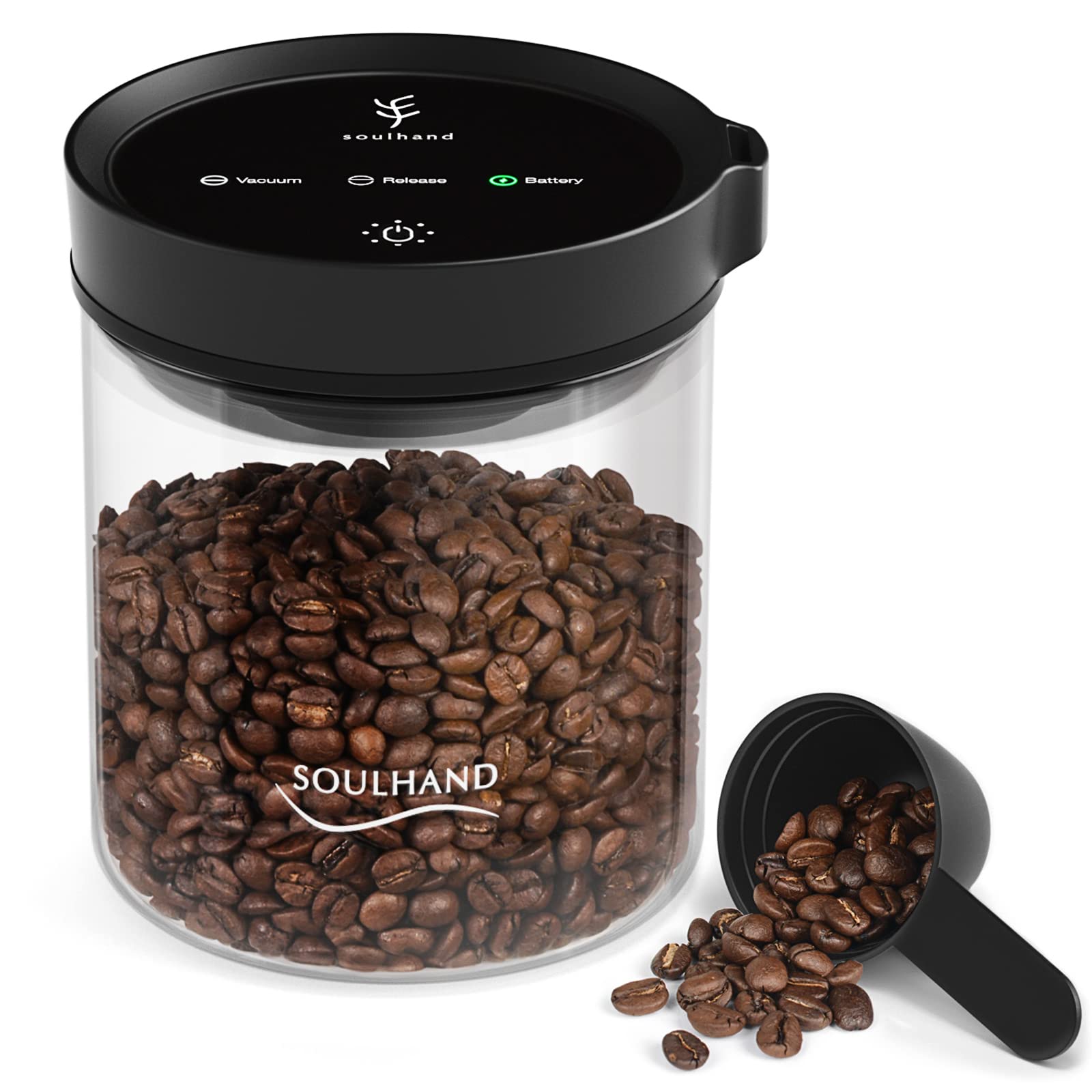 Soulhand 1.2L Airtight Coffee Canister - Automatic Vacuum Glass Coffee Storage Jar with Touch Screen & Spoon - Barista-Grade Coffee Container for Freshness - Perfect for Home, Office or Coffee Shop Use