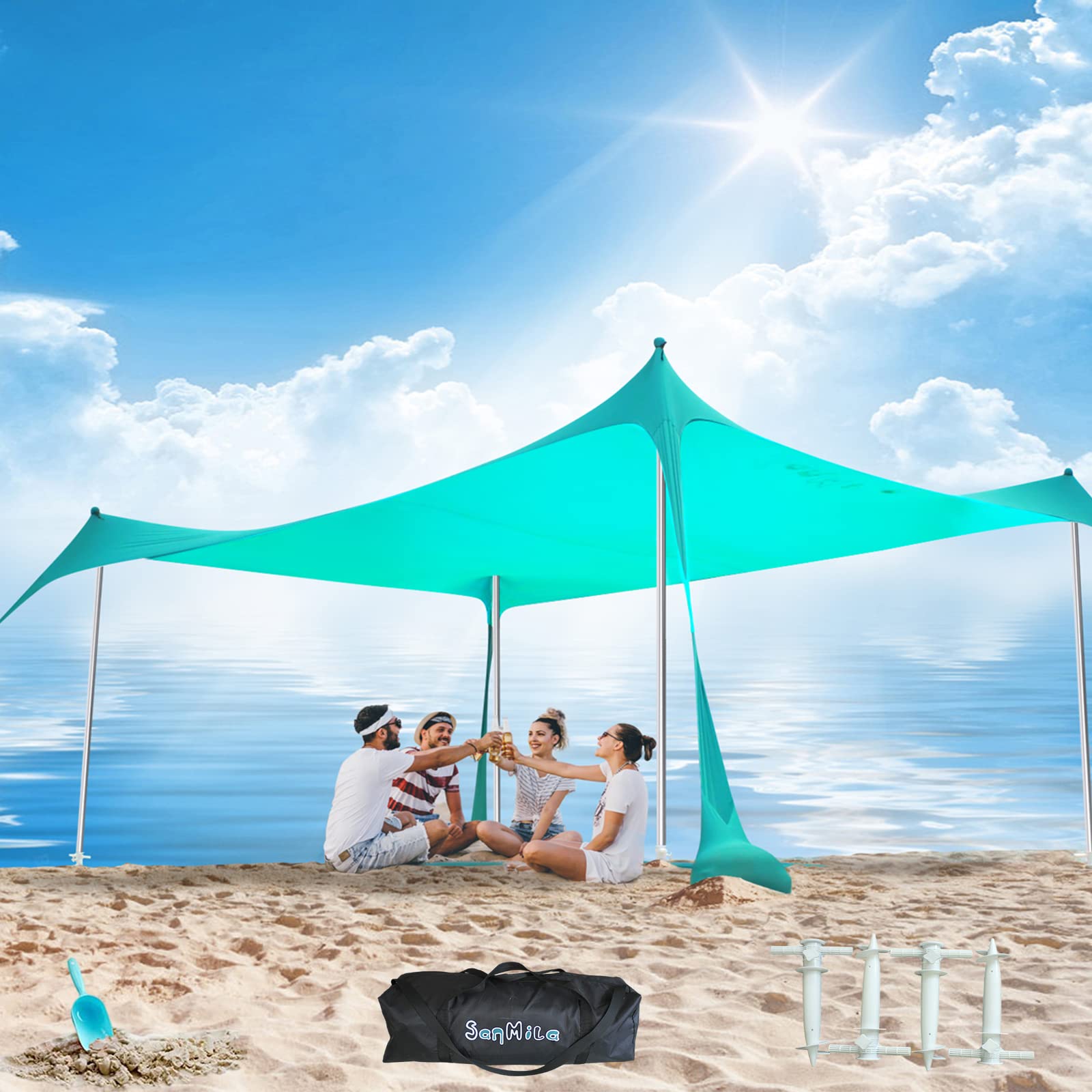 10x10ft Family Beach Tent Sun Shelter - Windproof & UV Protection with 4 Poles & 4 Anchors - Perfect for Beach Days, Camping, Picnics and Outdoor Activities