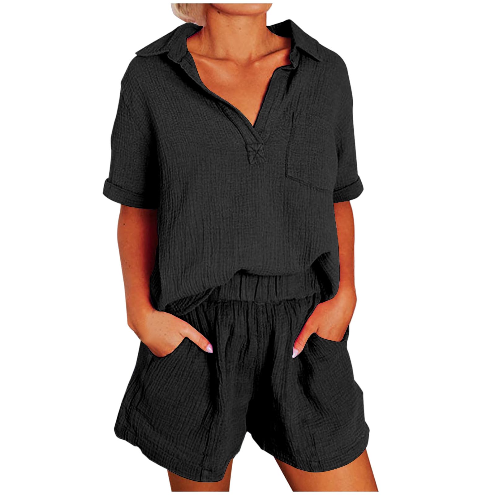 2 Piece Womens Summer Lounge Sets - Lapel Short Sleeve Loose Tops & Shorts with Multi-Pockets | Casual Outfits for Home, Vacation & Running Errands