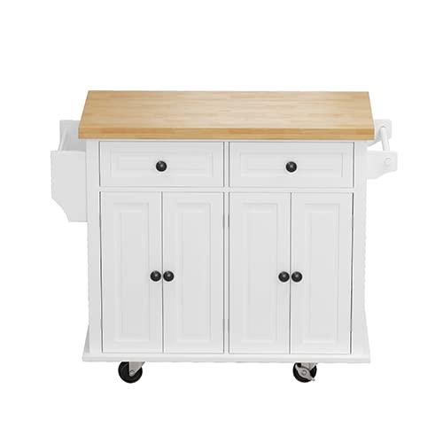 43.31 Inch White Kitchen Island Cart with 4 Door Cabinet, 2 Drawers & Spice Rack - Mobile Storage Solution with Locking Wheels for Small Kitchen, Dining Room or Breakfast Nook Organization