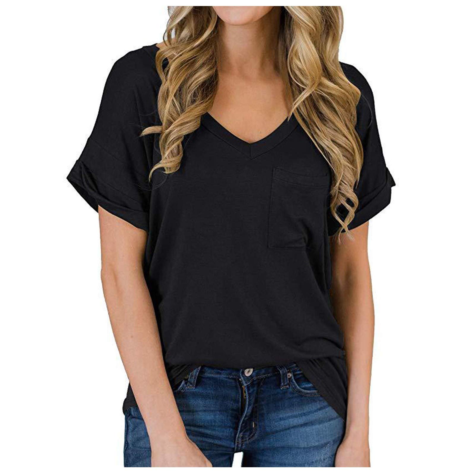 Ymosrh Women's V-Neck Pocket T-Shirt - Short Sleeve Summer Top with Color Block & Side Split Design | Casual Wear, Work Outfits, Weekend Style