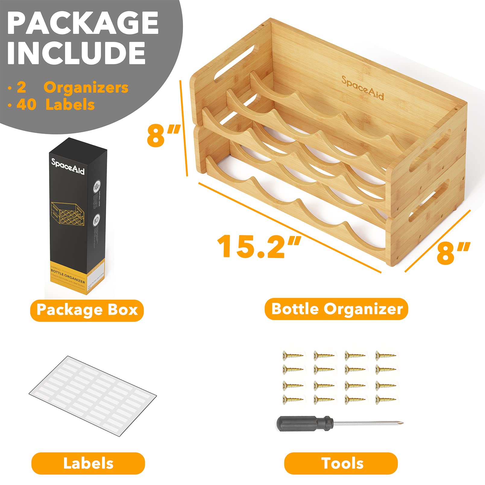 SpaceAid 2-Pack Bamboo Water Bottle Organizer with Labels - 4-Slot Kitchen Pantry Storage Rack for Cabinets, Holds 8 Bottles - Perfect for Organizing Cups, Wine Bottles & Drinkware in Home, Office or RV