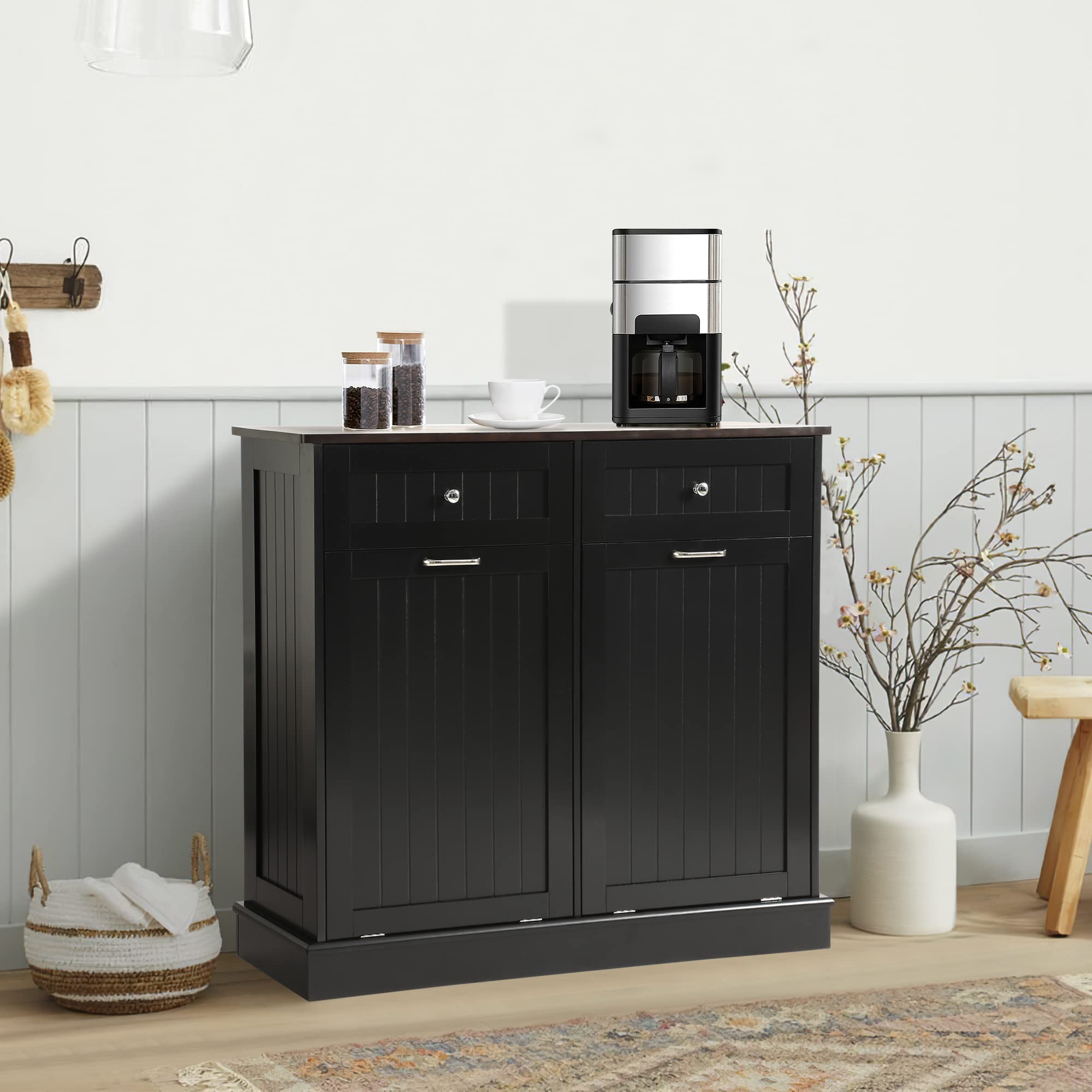 KIGOTY Double Tilt Out Trash Cabinet - Pet Proof Kitchen Trash Can with Countertop & Drawer Storage - Wooden Laundry Hamper Organizer for Kitchen, Bathroom, Laundry Room - Black (Perfect for Small Spaces & Pet Owners)