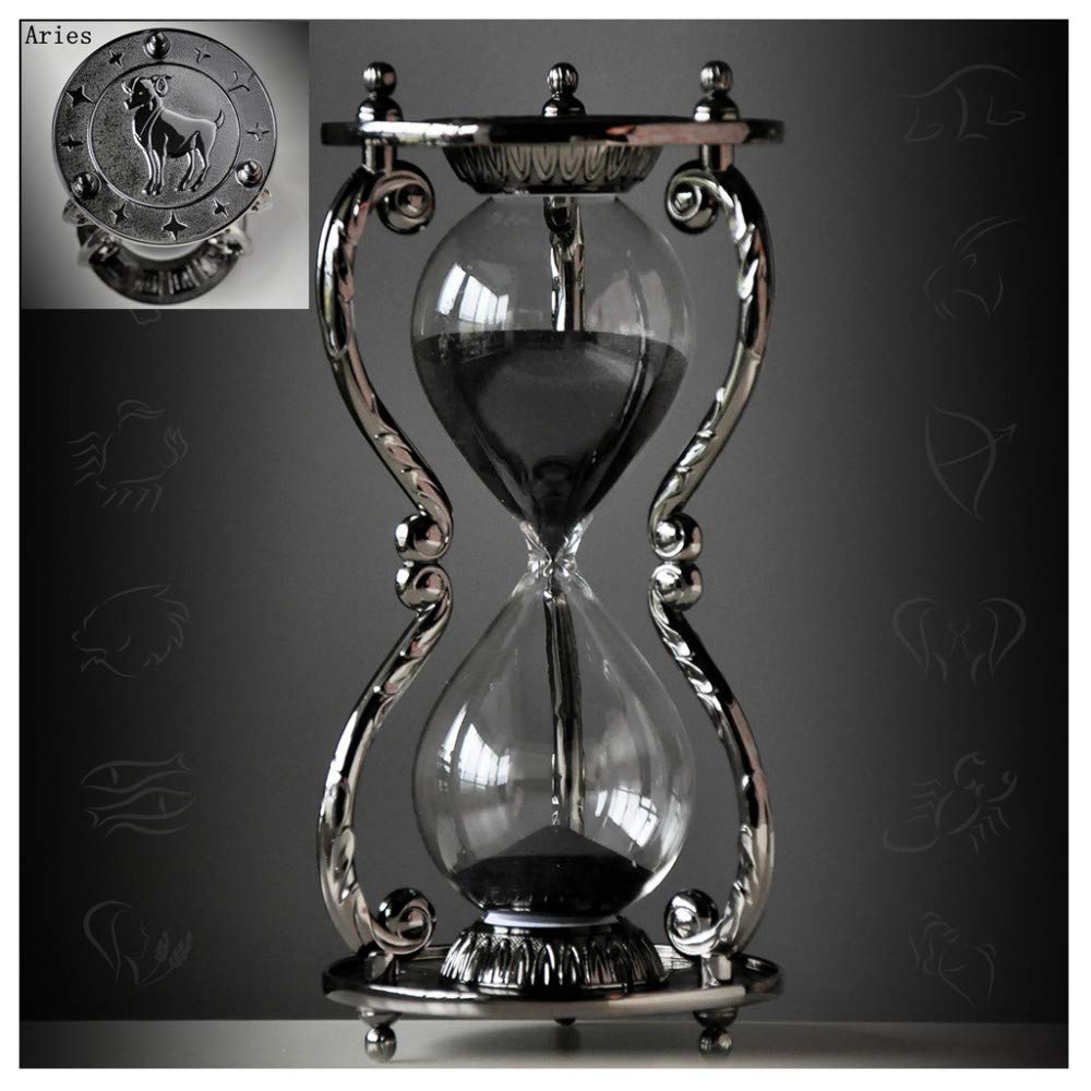 Vintage Black Antique 30-Minute Hourglass Sand Timer - Unique 12 Constellations Metal Art Desk Decor for Office & Home - Perfect Birthday Gift for Aries | Meditation, Study & Home Decoration