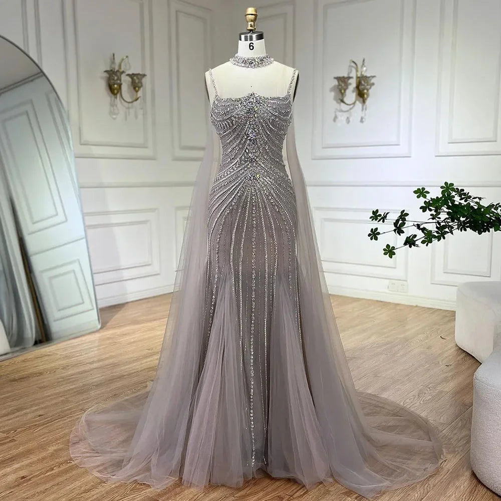 Serene Hill Blue Spaghetti Strap Long Mermaid Evening Gown with Beaded Lace-Up Detail - Elegant Formal Dress for Women's Wedding, Prom, Party & Special Occasions
