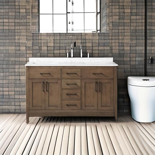 Ove Decors Maya Plus 60-Inch Double Sink Bathroom Vanity in Almond Latte Finish with Black Hardware & Power Bar - Modern Bathroom Storage Solution for Master Bath & Guest Bath Remodel