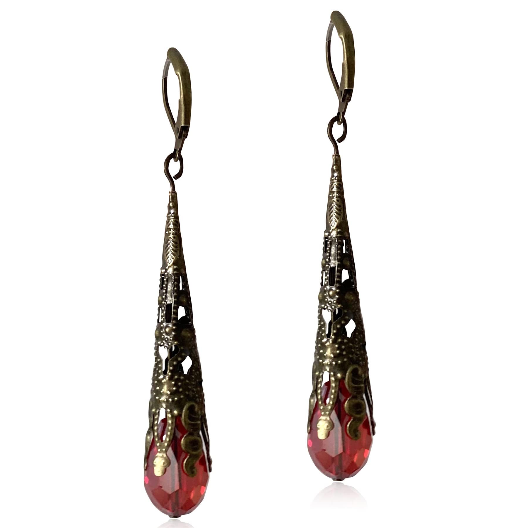 Vintage Indian Silver Crystal Teardrop Dangle Earrings for Women - Boho Gypsy Retro Rhinestone Hook Drop Earrings - Perfect Gift for Her - Red (Ideal for Weddings, Parties & Boho Fashion)