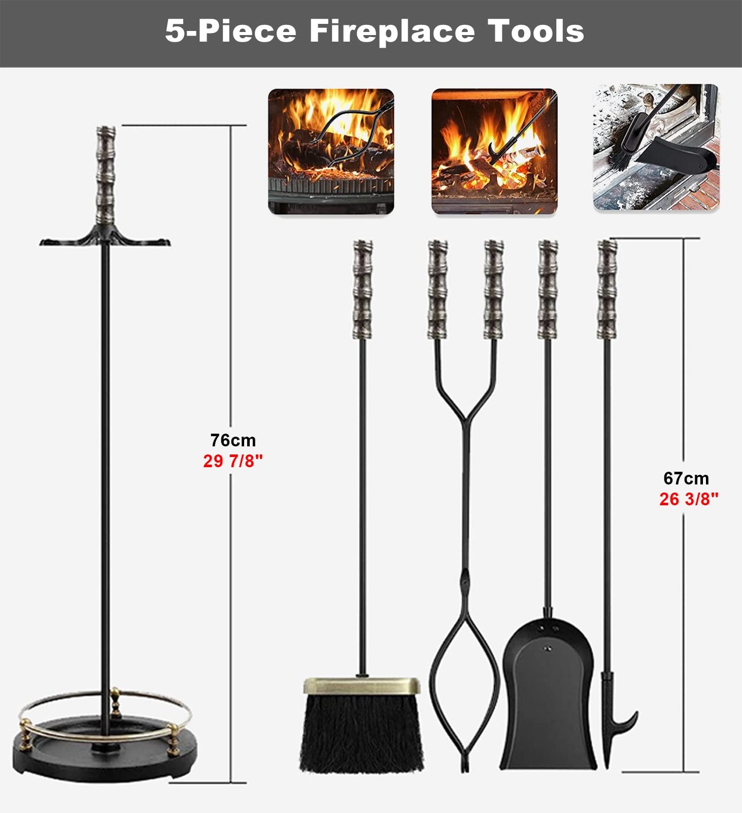 Premium MTSON 5-Piece Rustic Fireplace Tool Set with Brass Handles - Cast Iron Fireplace Accessories, Standing Design & Easy Assembly for Indoor/Outdoor Fire Pits, Fireplaces & Wood Stoves