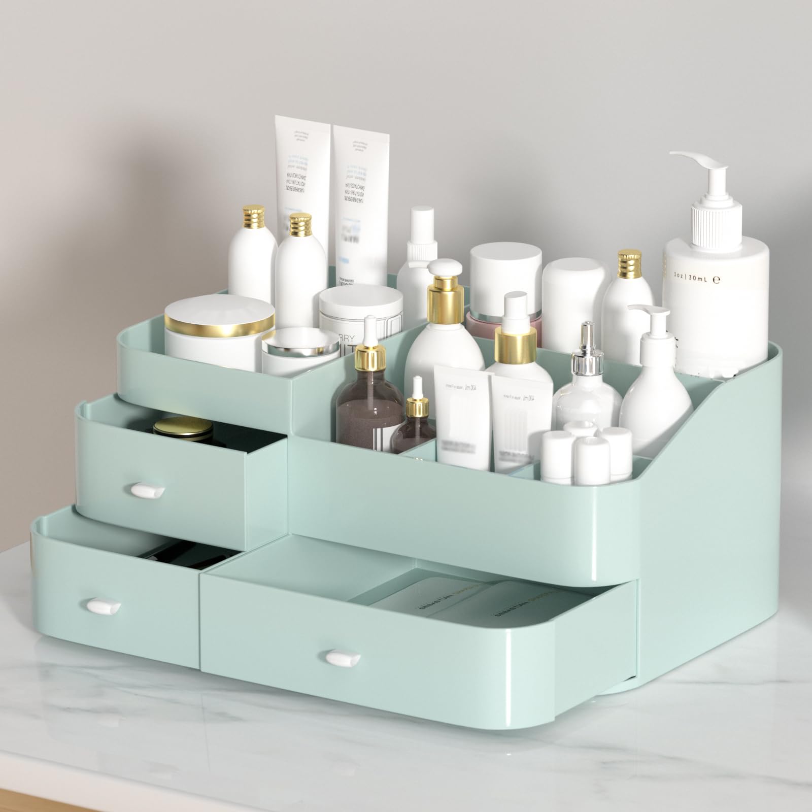 MIUOPUR Large Capacity Makeup Organizer with Drawers - Cosmetic Storage for Lipsticks, Jewelry, Nail Care & Skincare | Vanity & Desk Organizer | Perfect for Bedroom, Bathroom Countertops & Dressing Tables (Green)