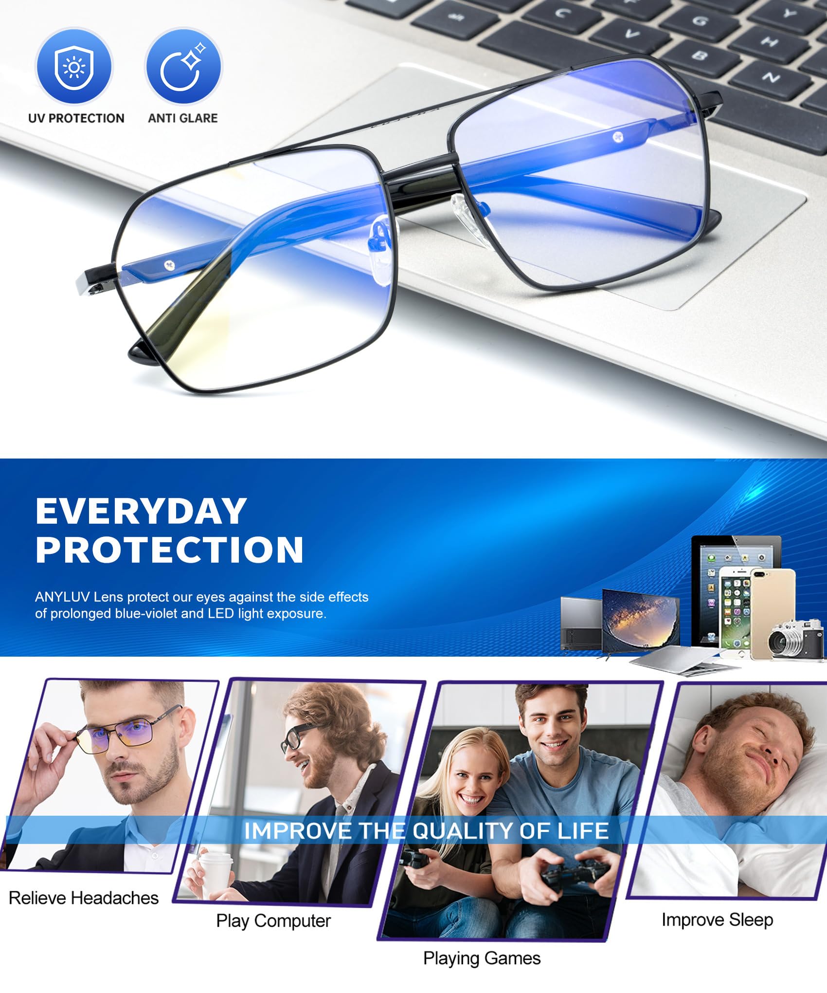 ANYLUV Blue Light Blocking Glasses for Men & Women - Upgraded Anti-Eyestrain Computer Gaming Glasses with Lightweight Frame - Perfect for Office Work, Gaming & Screen Time