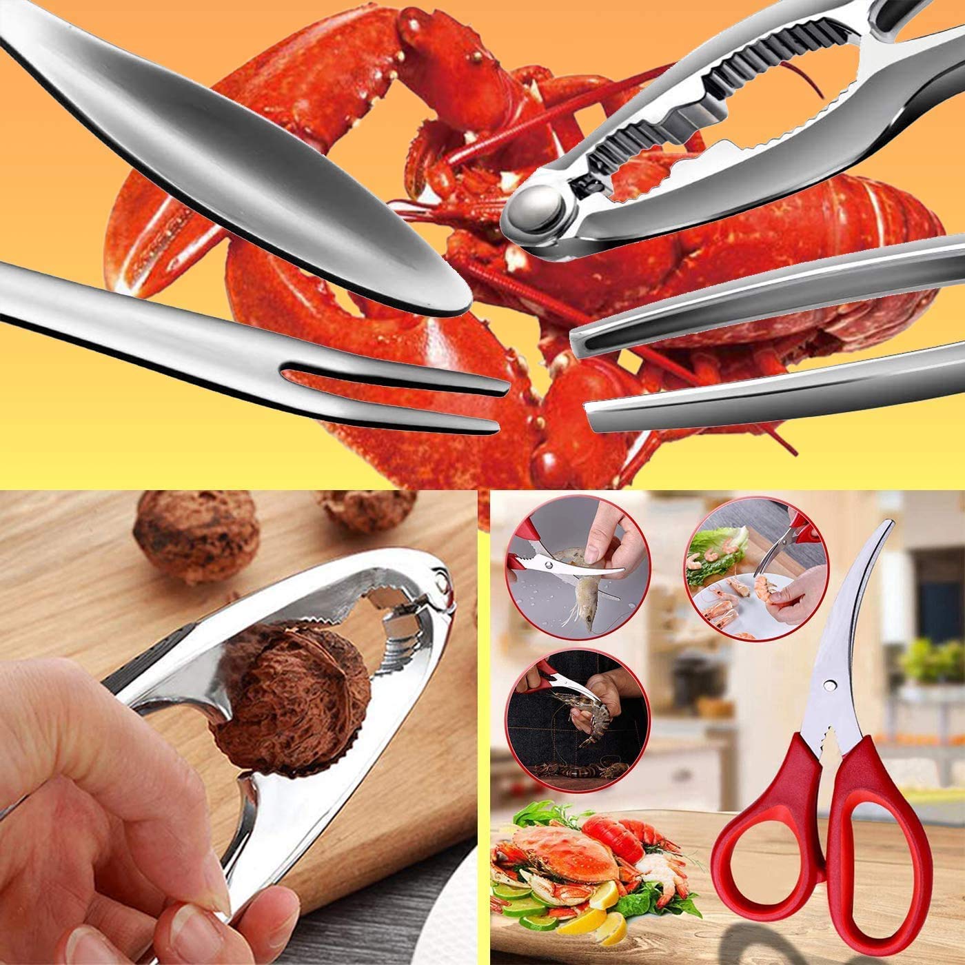 13-Piece Lobster Crackers and Picks Set - 3 Stainless Steel Crab Crackers & 10 Seafood Forks - Nut & Crab Leg Crackers - Dishwasher Safe - Perfect for Seafood Boils, Dinner Parties & Beach Picnics