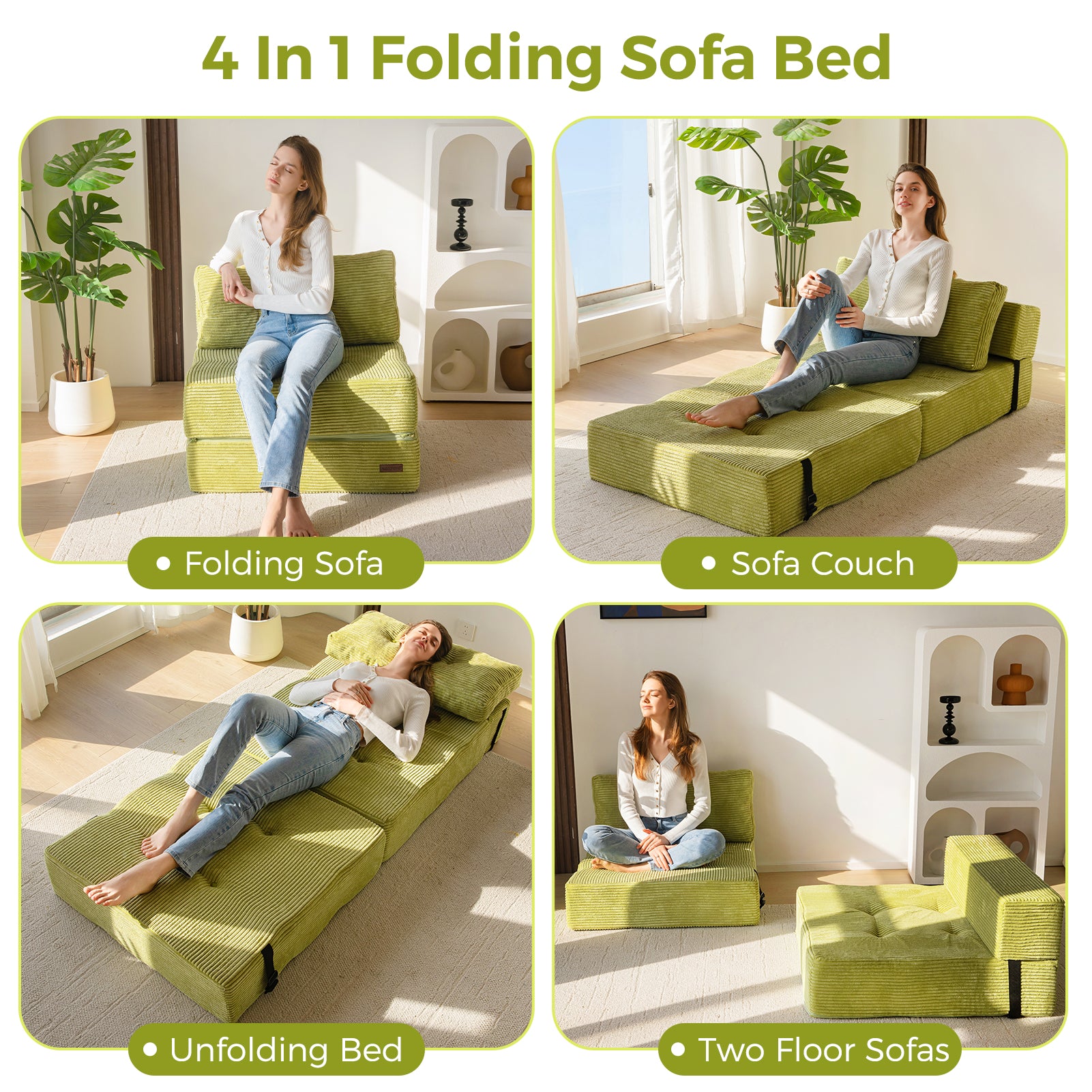 MAXYOYO Folding Sofa Bed - Convertible Sleeper Sofa with High Density Support Foam for Living Room, Bedroom & Small Spaces | Comfortable Guest Bed | Green