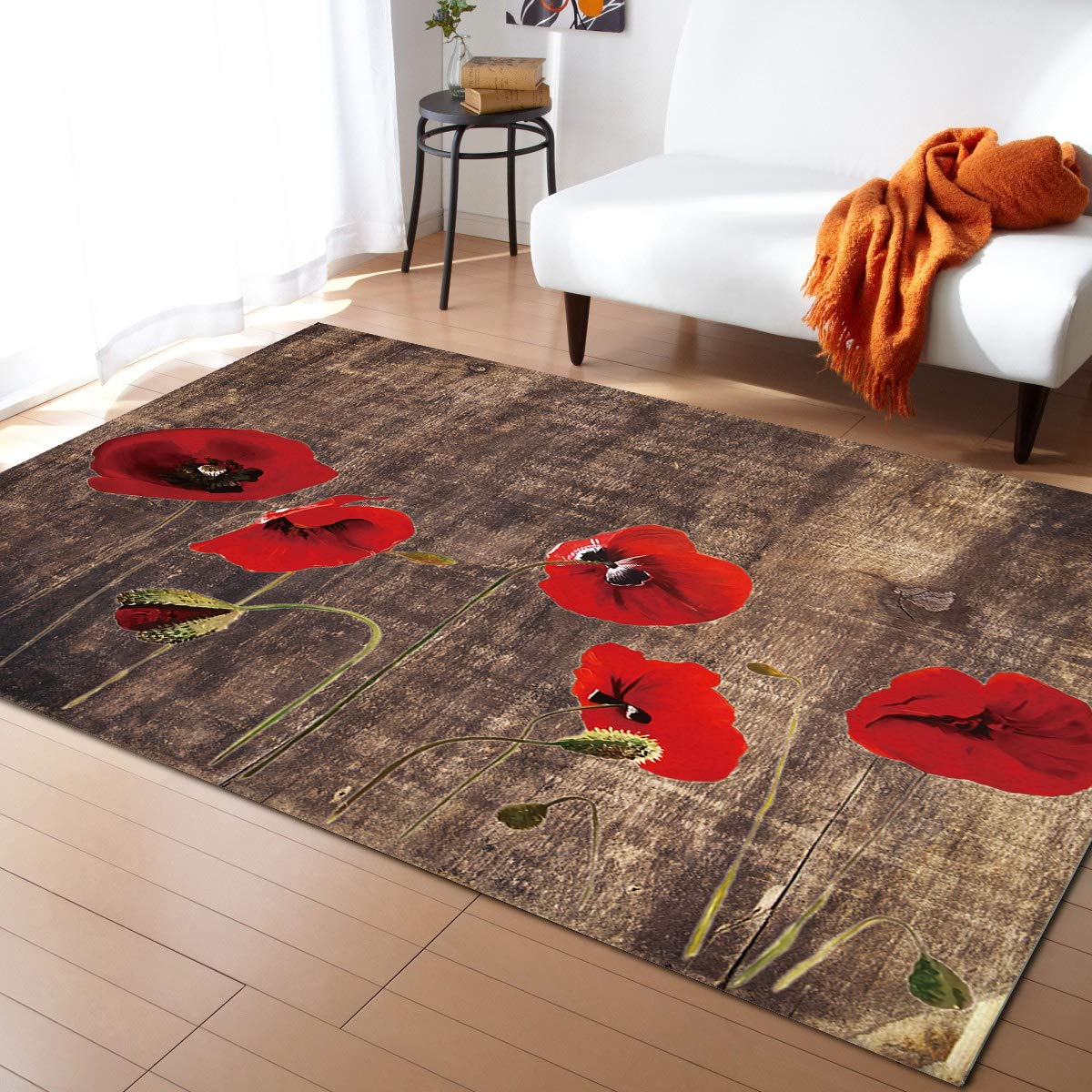 LBDecor 5x8ft Large Vintage Poppy Flower Area Rug - Non-Slip Indoor Outdoor Rug for Living Room, Bedroom, Hallway & Nursery - Farmhouse Rustic Wood Decor (Perfect for Home, Office & Patio Use)