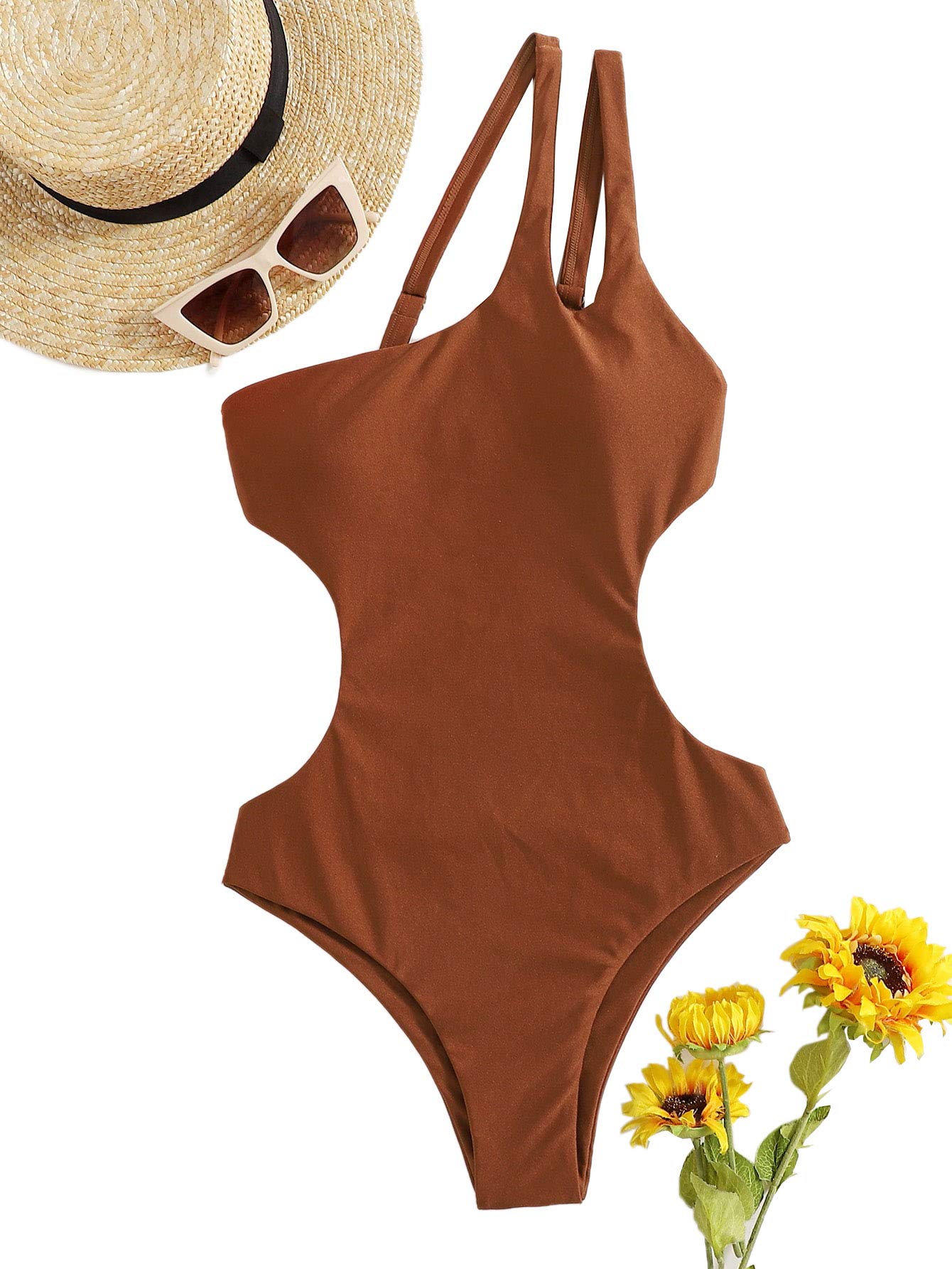 Romwe Women's One Shoulder Cutout Monokini Swimsuit - Sexy Backless Bathing Suit for Beach, Pool Party & Summer Vacation
