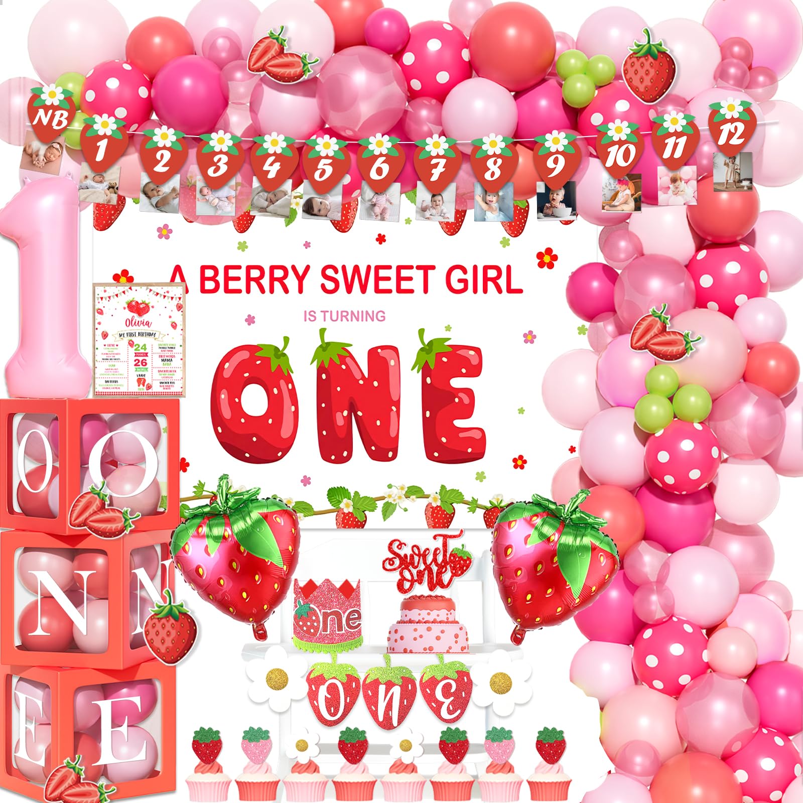 Berry First Birthday Decorations for Girls - Strawberry Themed Backdrop, Balloons, Monthly Photo Banner, Highchair Banner, Crown & Poster Set - Perfect for 1st Birthday Party, Baby Shower & Photoshoot Decorations
