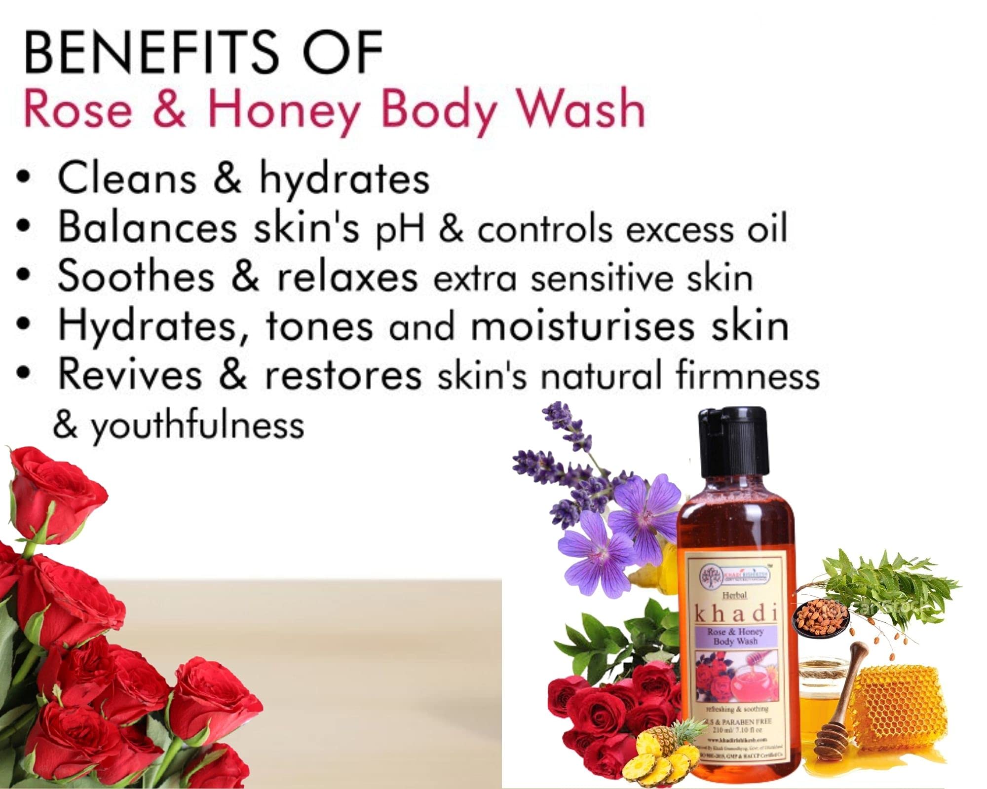 KHADI RISHIKES Herbal Rose Honey Cleanser - SLS & Paraben Free Body Wash with Bathing Loofa | 210ml for Men & Women | Deep Cleansing Shower Gel with Natural Rose Extract | Perfect for Daily Skincare & Relaxing Bath Time