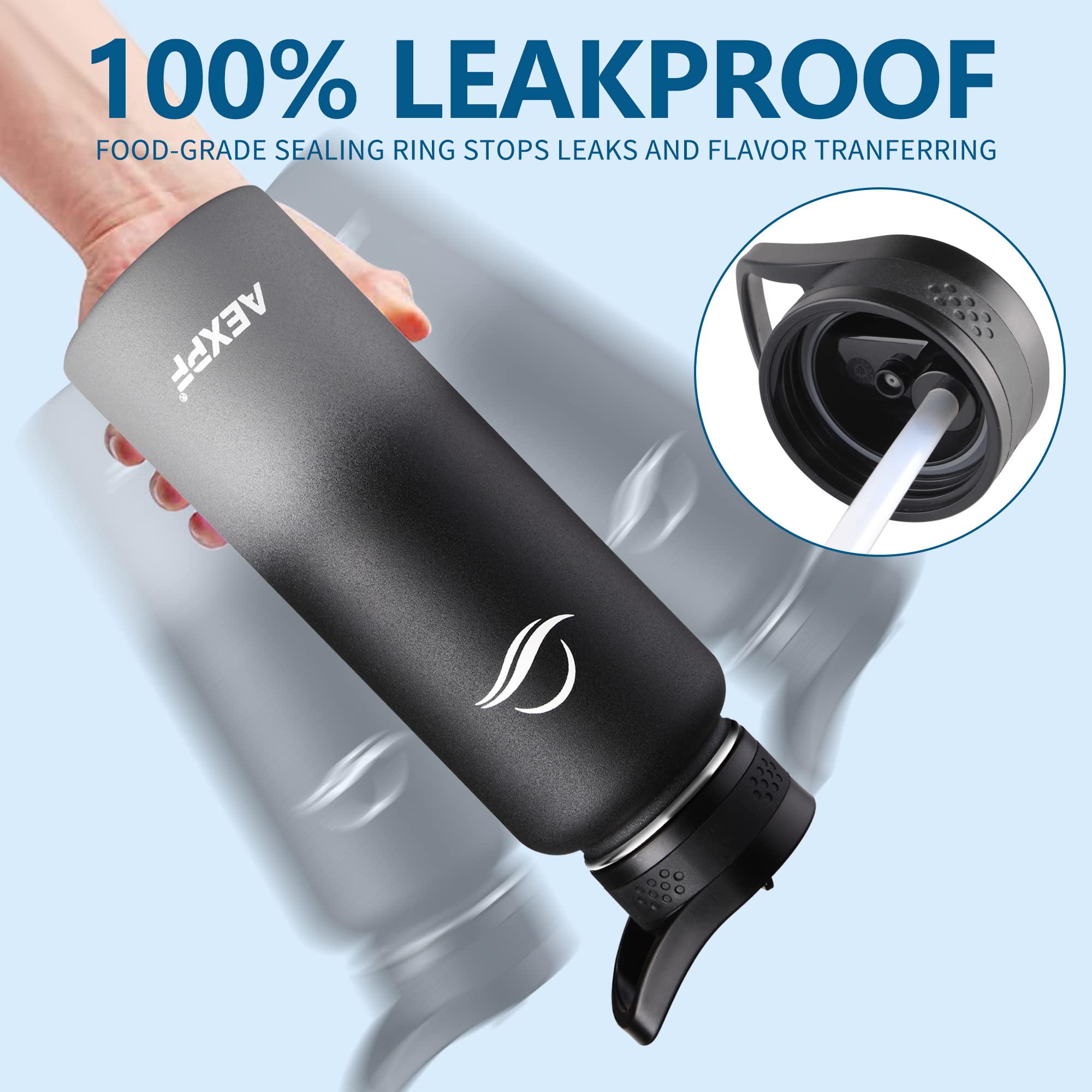 40 oz Stainless Steel Vacuum Insulated Sports Water Bottle with Straw Lid - Leakproof Reusable Metal Thermos Flask with Carrying Pouch - Ideal for Gym, Cycling, Hiking & Outdoor Activities - Black and Gray